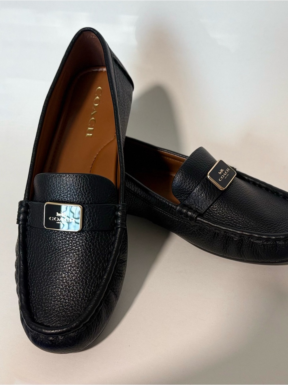 Coach Black Pebbled Leather Woman’s Loafers with Silver Plaque - Picture 4 of 4